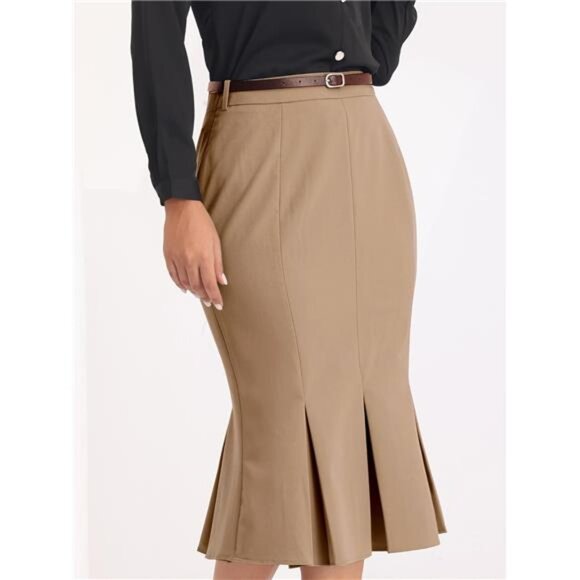Women's Elegant Formal Skirt with Belt Brown - Picture 1 of 5